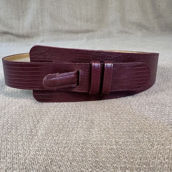 Vintage 80s Ginnie Johansen Wide Leather Croc Belt Burgundy Statement Sz Sm 526